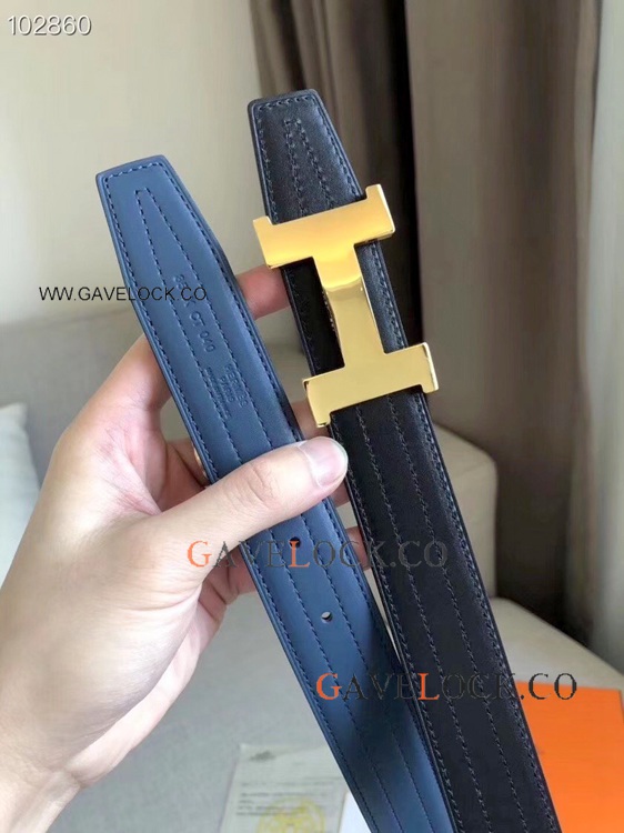 2019 New Hermes Blue & Black Reversible Leather Belt with H Buckle